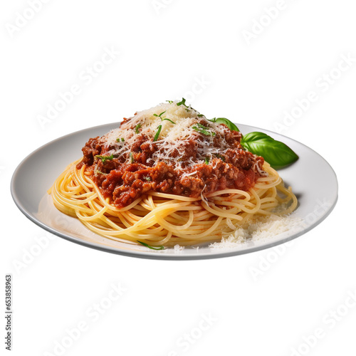 spaghetti with bolognese sauce and basil isolated on transparent background