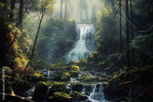 Mystical cascade in magical woods  mist glistens alongside a vibrant hidden waterfall. Generative AI