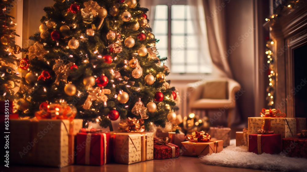 Cadeaux de Noël au pied du sapin, jour de Noël, décoration festival