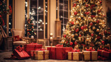 Cadeaux de Noël au pied du sapin, jour de Noël, décoration festival, Joyeux Noël
