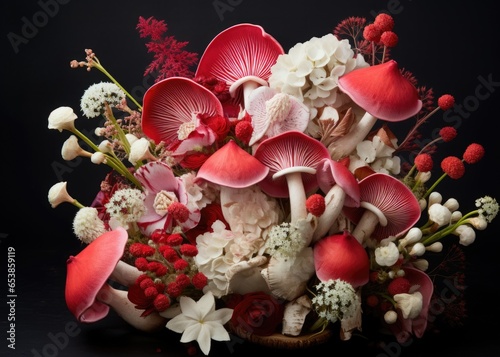 A bouquet of red and white mushrooms and flowers, AI photo