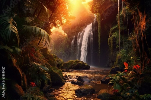 sunset tropical waterfall in rainforest. Generative AI