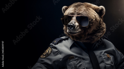 cachorro  malvado trabalhando como oficial de segurança ou policial, usando óculos escuros e camisa de uniforme. Conceito de cachorro  de guarda. Amplo espaço de cópia do banner para texto na lateral photo