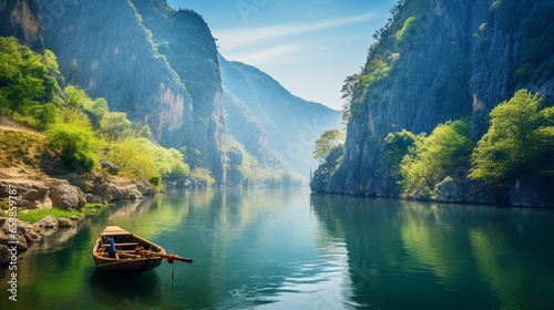 attractive springtime view of the Matka Canyon, a well-known tourist site. Beautiful country of North Macedonia in the morning. Background of the concept of travel.