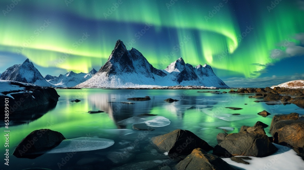 Norway's Lofoten islands are home to the aurora borealis. above the water, green northern lights. Polar lights in the night sky. Aurora and reflections on the water's surface in a nighttime winter env