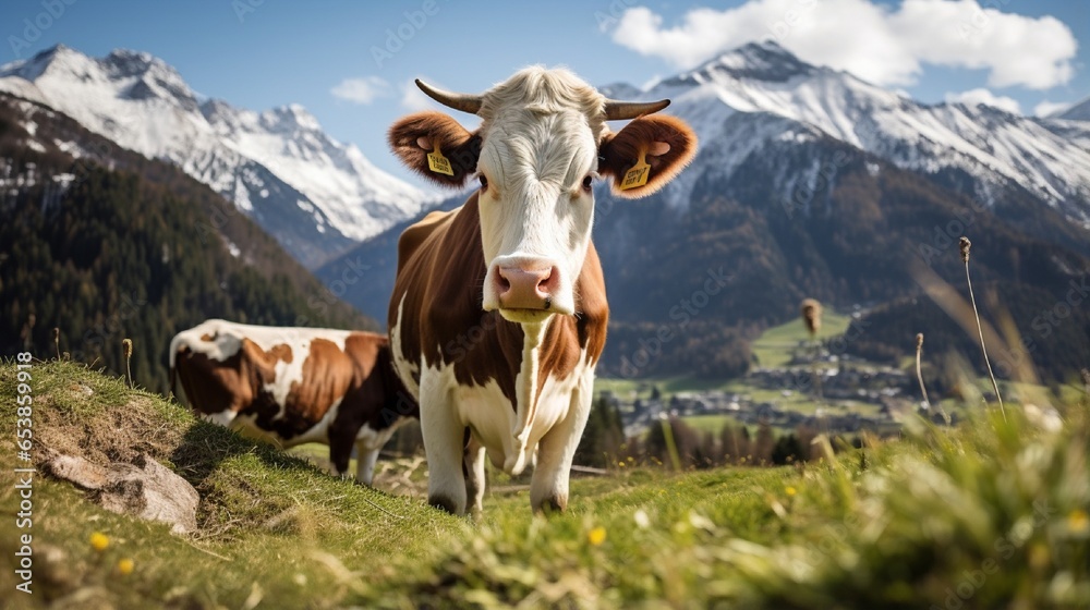 Mountain ranges in the distance, a cow grazing in an alpine meadow - obrazy, fototapety, plakaty 