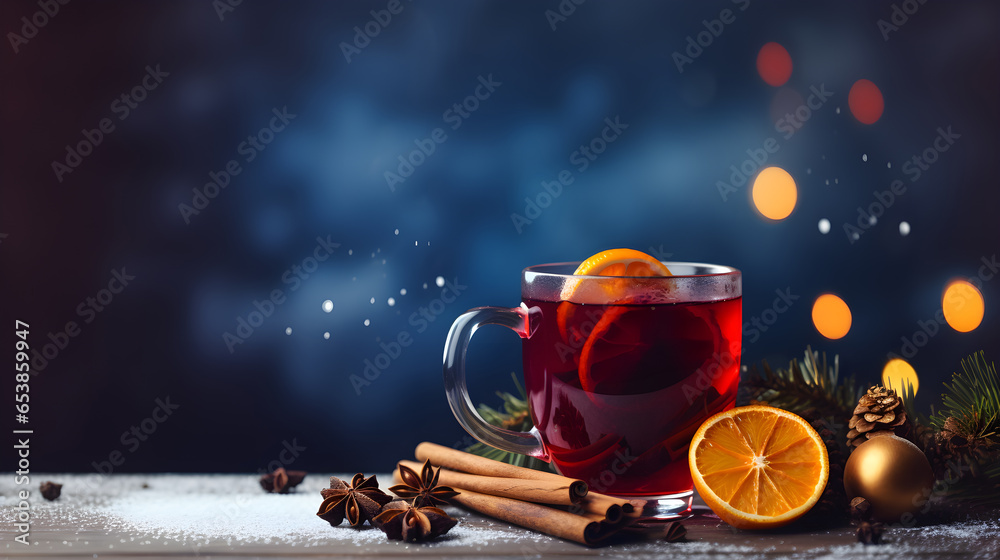 Christmas mulled red wine with spices and fruits on a blue background. Traditional hot drink at Christmas time - obrazy, fototapety, plakaty 