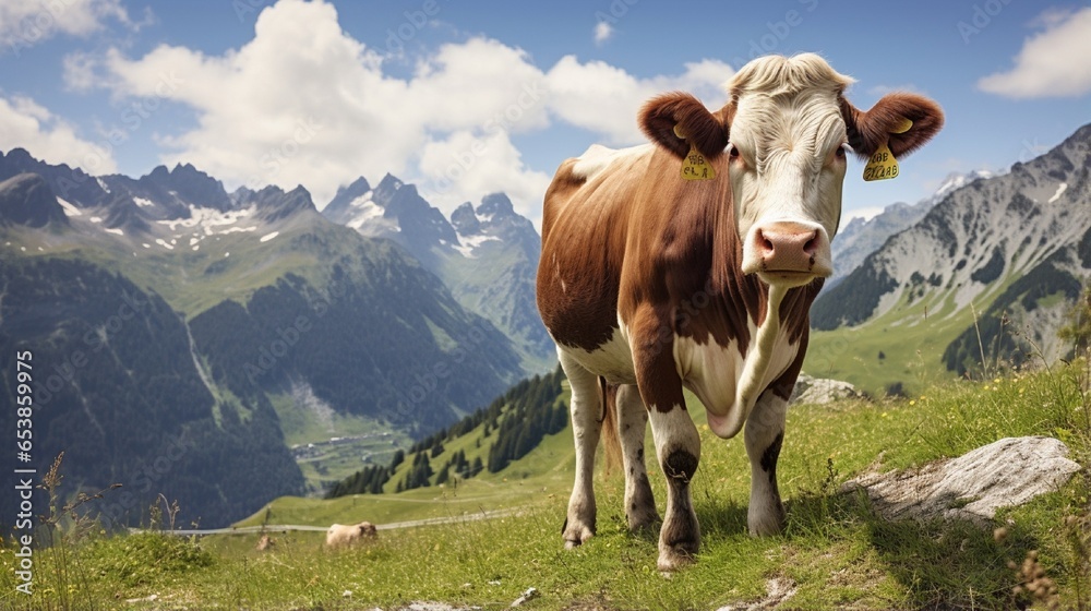 Mountain ranges in the distance, a cow grazing in an alpine meadow Mountain ranges in the distance, a cow grazing in an alpine meadow