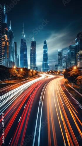 Busy night traffic on illuminated city roads