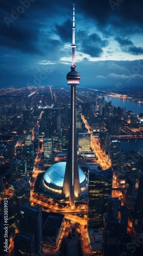 Aerial view of city skyline at night