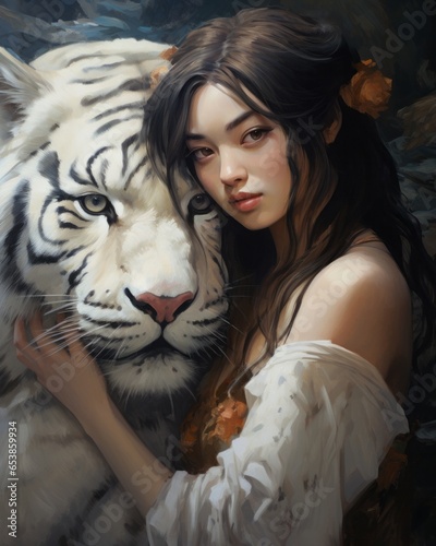 portrait of a woman with wild cat © Sanche_art