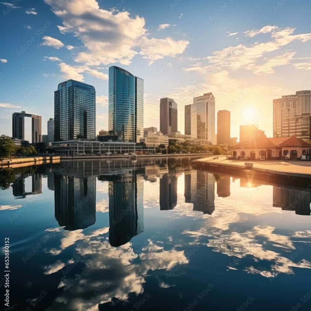 Serene waterfront cityscape with reflections in water