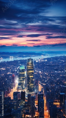 Aerial view of city skyline at night