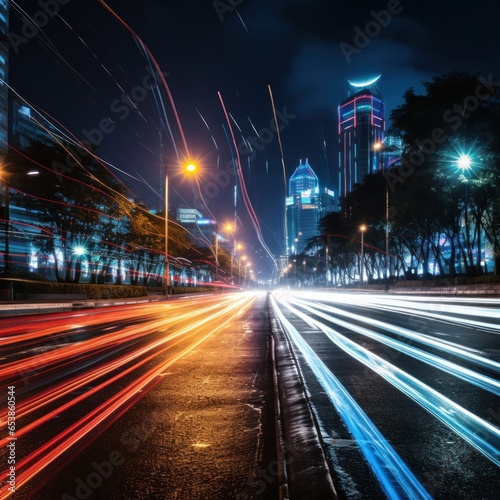 Colorful light trails from passing cars at night