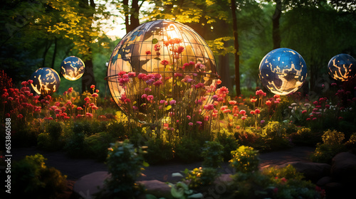 A garden where each bloom is a glowing globe, representing diverse cultures and the interconnected world we inhabit