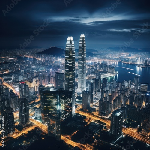 Aerial view of city skyline at night
