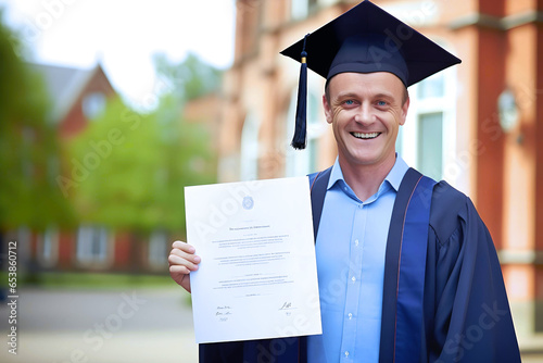 Smiling mature man holding diploma or certificate on the day of graduation from university or professional retraining