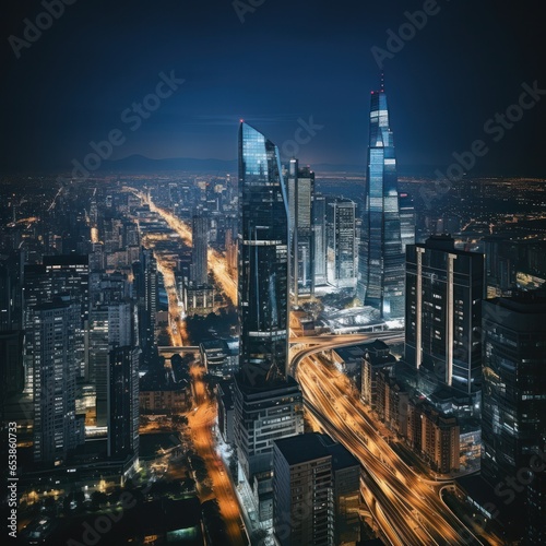 Aerial view of city skyline at night