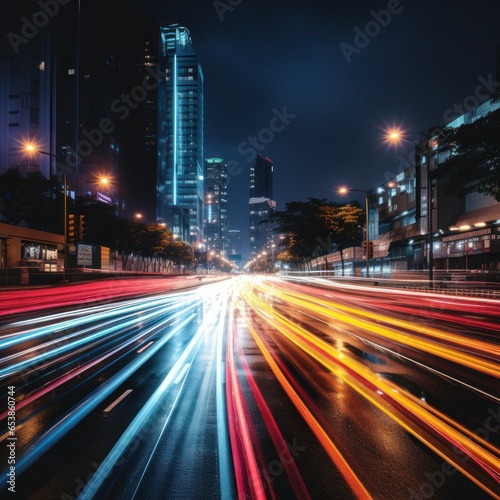 Colorful light trails from passing cars at night