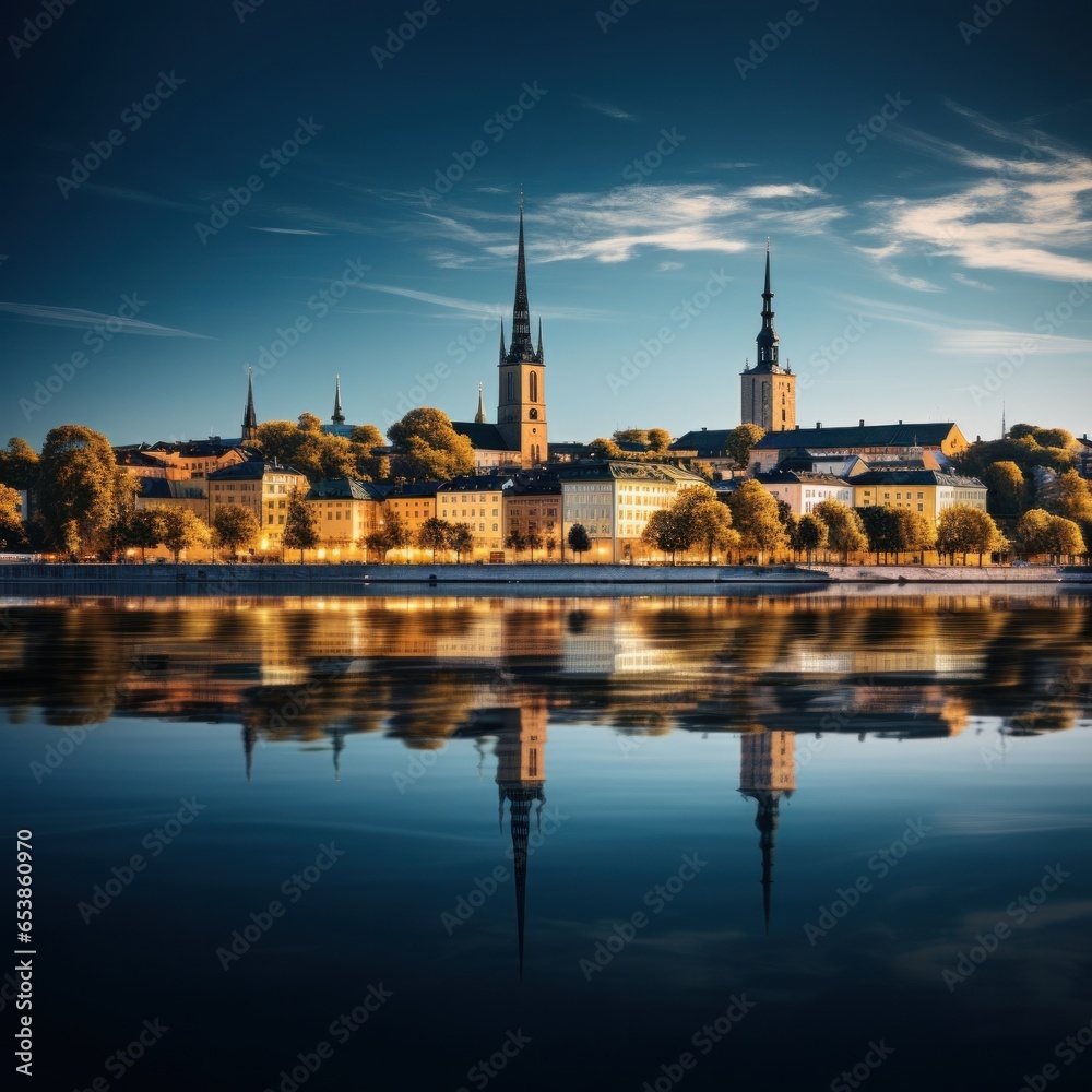 Serene waterfront cityscape with reflections in water