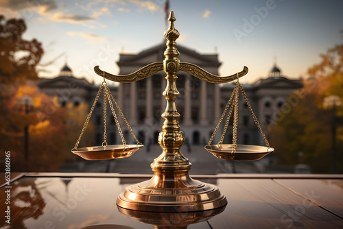 Fairness scales of justice against court house building background banner photo