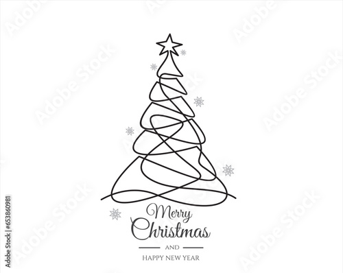 Continuous line vector illustration of xmas tree. Merry Christmas concept 