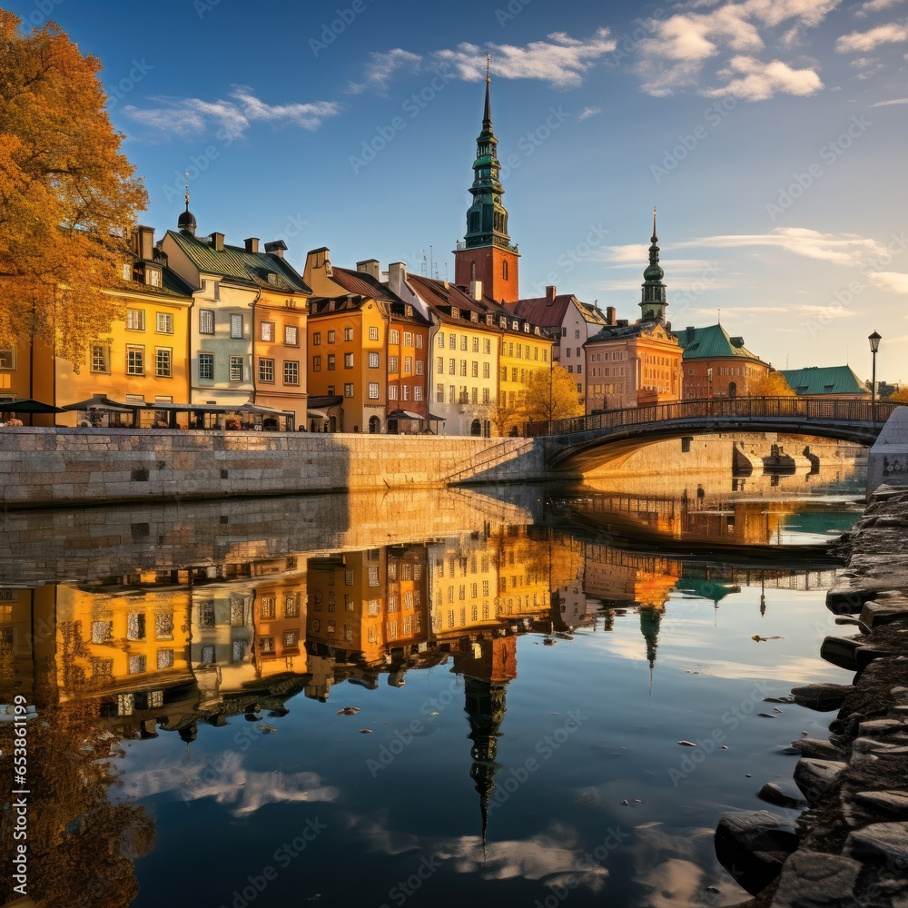 Serene waterfront cityscape with reflections in water