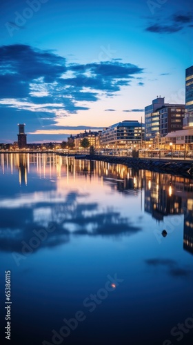 Serene waterfront cityscape with reflections in water