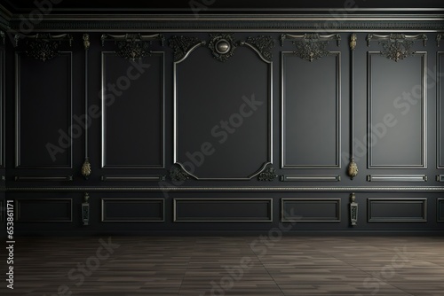 black wall with classic style mouldings and stone floor, empty room interior