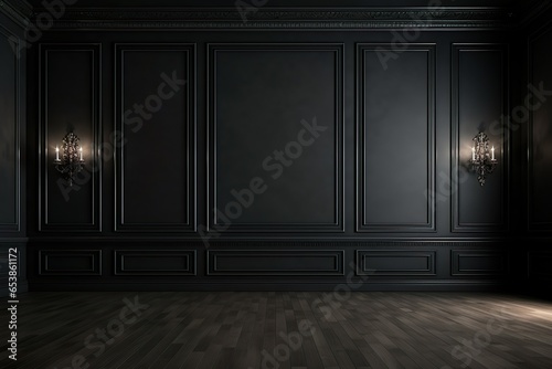 black wall with classic style mouldings and stone floor, empty room interior