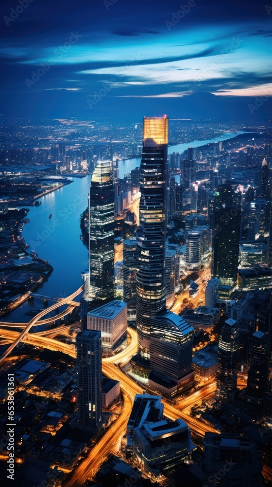 Fototapeta premium Aerial view of city skyline at night