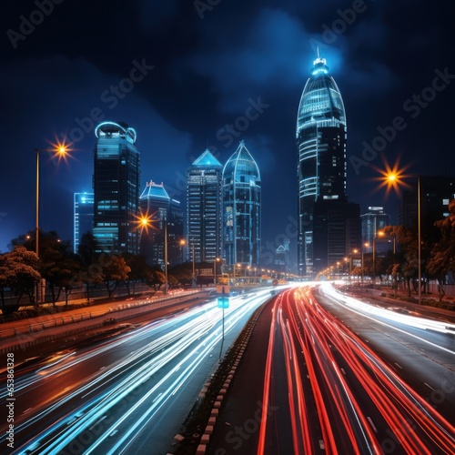 Busy night traffic on illuminated city roads