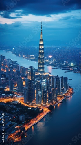 Aerial view of city skyline at night