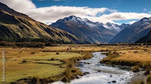 A stunning scene with wide-open vistas, fascinating mountains in the background, and a chilly stream meandering through it may be found on the side of the road when travelling.