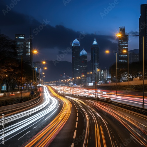 Busy night traffic on illuminated city roads