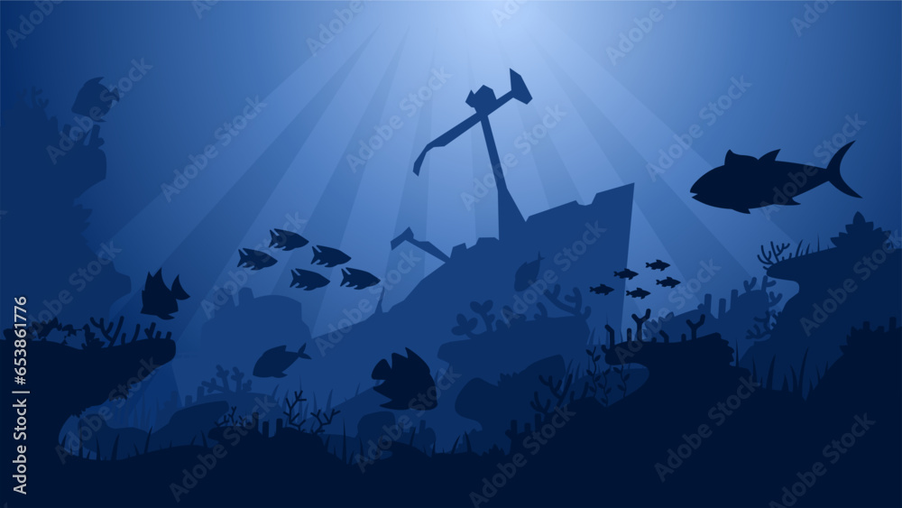Underwater life with coral reefs and shipwreck vector illustration. Ocean bottom of sea world wildlife. Underwater landscape for background, wallpaper or landing page. Deep sea silhouette vector - obrazy, fototapety, plakaty 