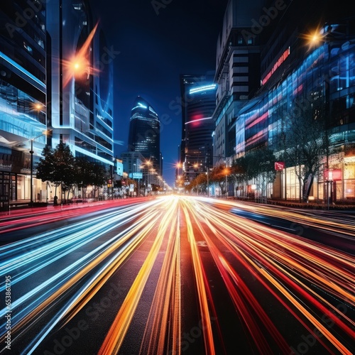 Colorful light trails from passing cars at night