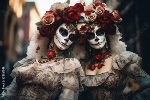 Portrait of two female models in costumes and with skull makeup faces on the street. Day of the Dead concept.