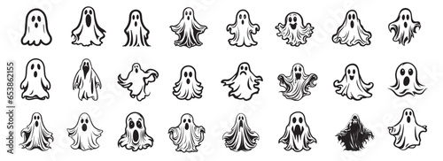 Funny cute Halloween ghosts, vector decoration, black illustration silhouette for laser cutting