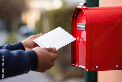 Mailman putting letter in the mail box on the street © pilipphoto