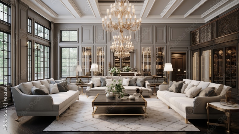 A living room with a coffered ceiling and elegant chandeliers