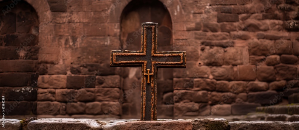 Christian cross symbol behind wall of Cusco cathedral