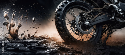 Off-road travel. Close up of a motorcycle wheels driving through mud photo