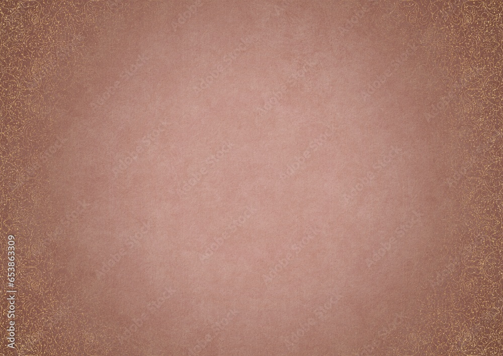 Pale pink textured paper with vignette of golden hand-drawn pattern and golden glittery splatter on a darker background color. Copy space. Digital artwork, A4. (pattern: p07-1c) Pale pink textured paper with vignette of golden hand-drawn pattern and golden glittery splatter on a darker background color. Copy space. Digital artwork, A4. (pattern: p07-1c)