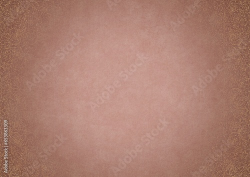 Pale pink textured paper with vignette of golden hand-drawn pattern and golden glittery splatter on a darker background color. Copy space. Digital artwork, A4. (pattern: p07-1c)