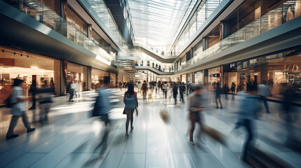Abstract blurred photo of many people shopping inside department store or modern shopping mall. Urban lifestyle and black friday shopping concept