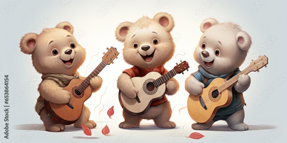 Three little cute baby bears playing acoustic guitars. A musical band of little bears. AI generated Three little cute baby bears playing acoustic guitars. A musical band of little bears. AI generated