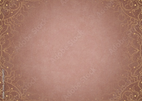 Pale pink textured paper with vignette of golden hand-drawn pattern and golden glittery splatter on a darker background color. Copy space. Digital artwork, A4. (pattern: p07-2a)