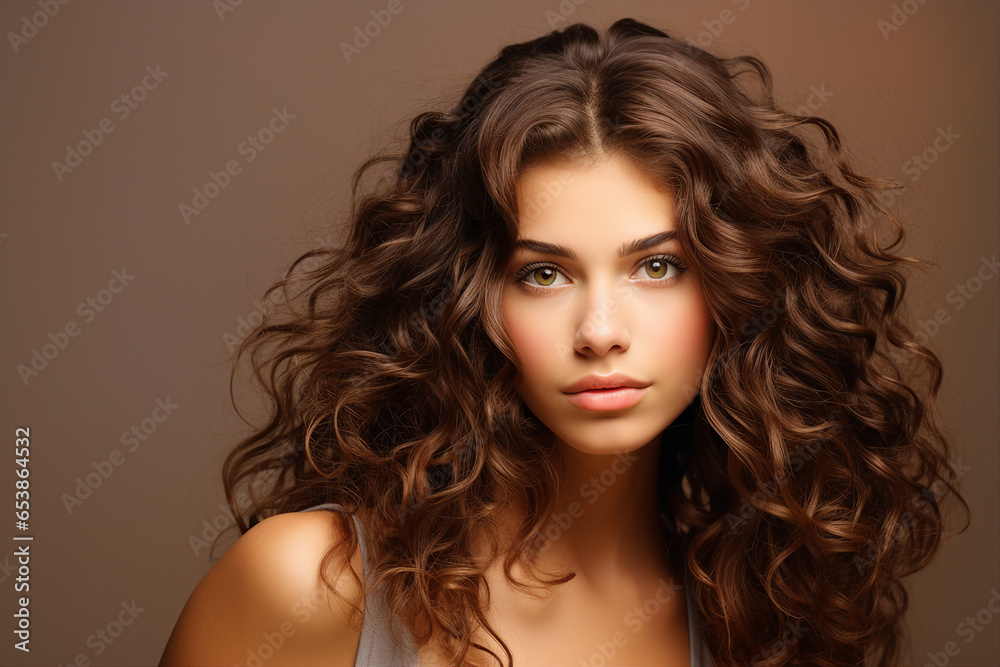 Generative AI picture of Young beautiful girl model demonstrating perfect styling curly hair Generative AI picture of Young beautiful girl model demonstrating perfect styling curly hair