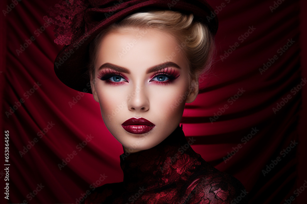 Generative AI portrait picture of beautiful glamorous luxury make up fashion model girl over red maroon background Generative AI portrait picture of beautiful glamorous luxury make up fashion model girl over red maroon background